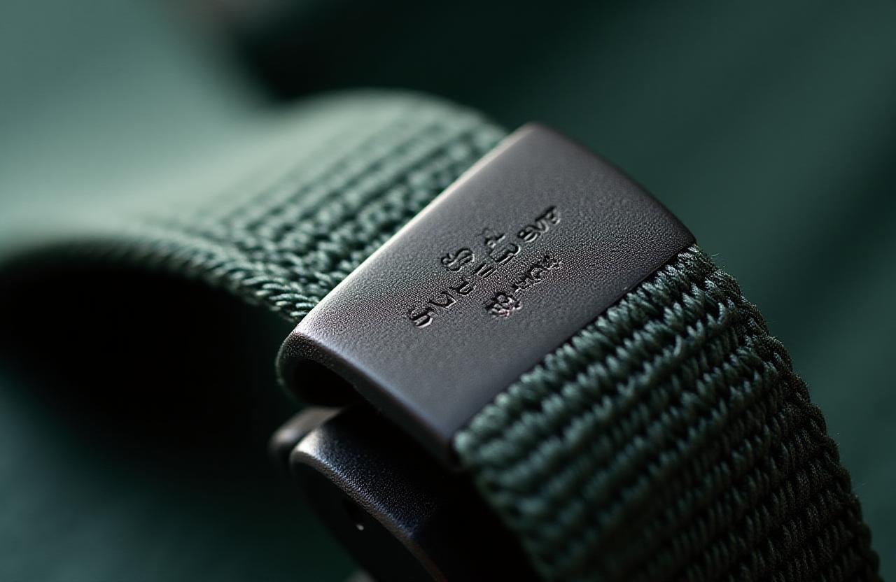 Close up of high-density organic recycled fibers and brushed metal buckles