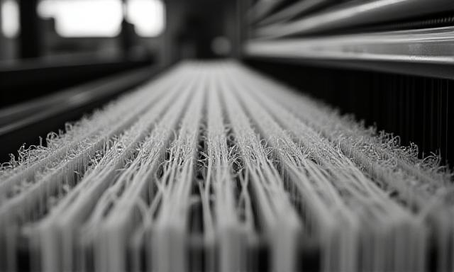 Macro shot of raw nylon fibers being woven on a traditional loom in New York