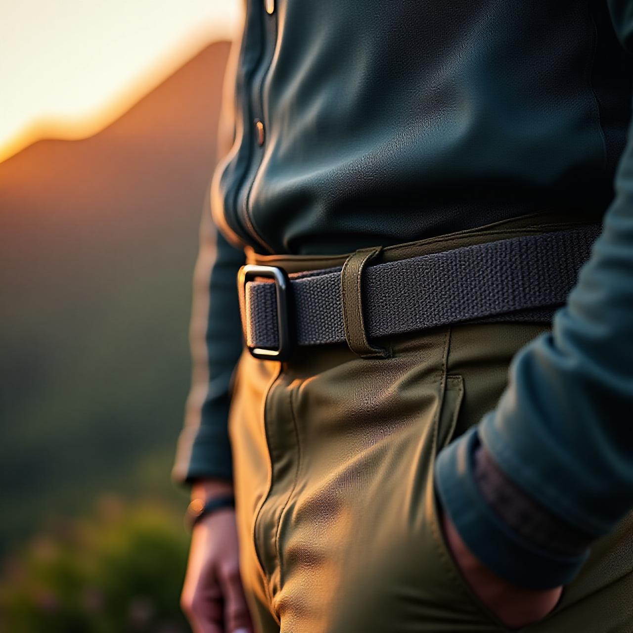Outdoor enthusiast wearing a rugged Summit Strap belt against a mountain backdrop