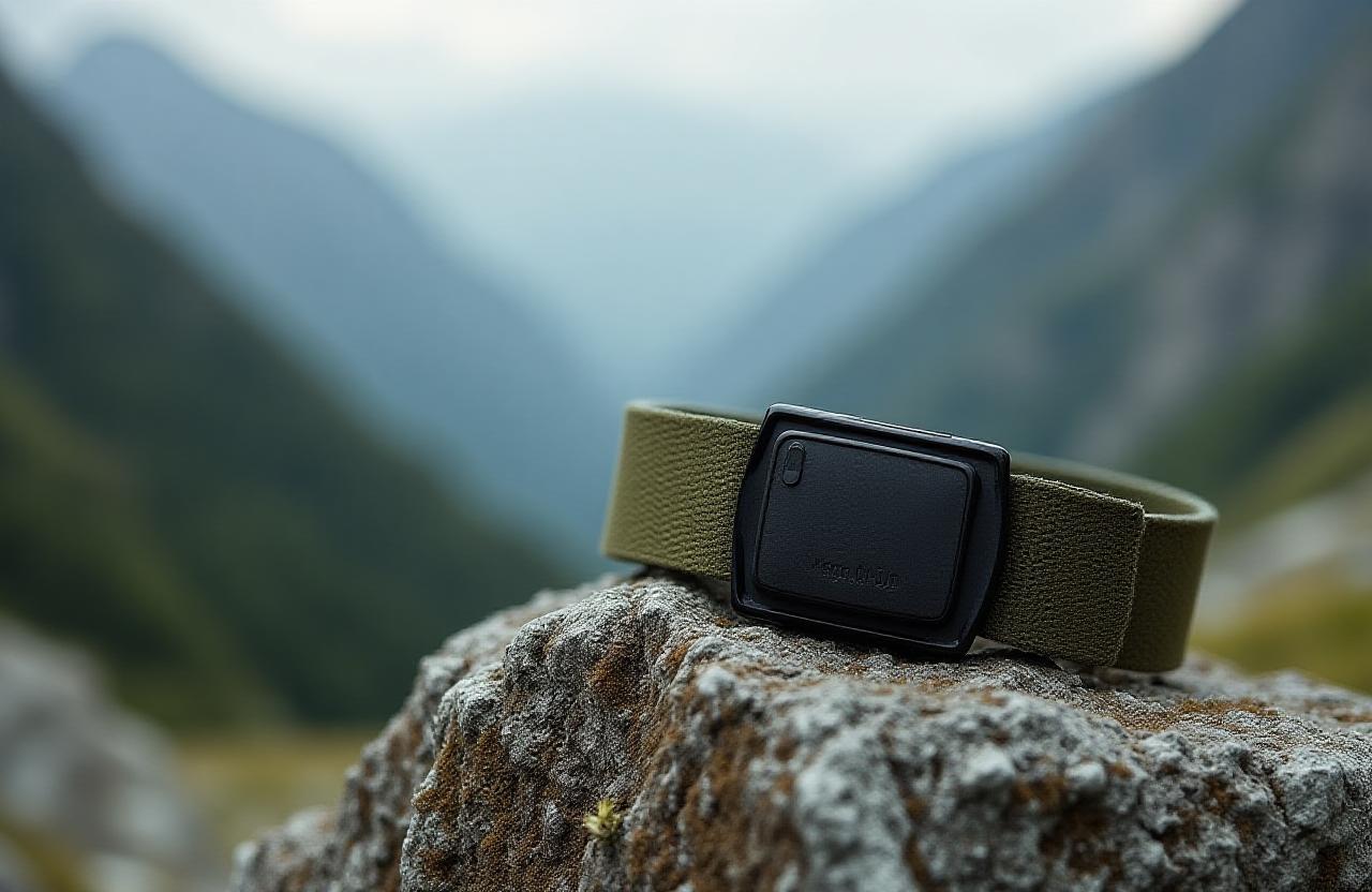 Serene mountain landscape with a focus on a durable gear strap
